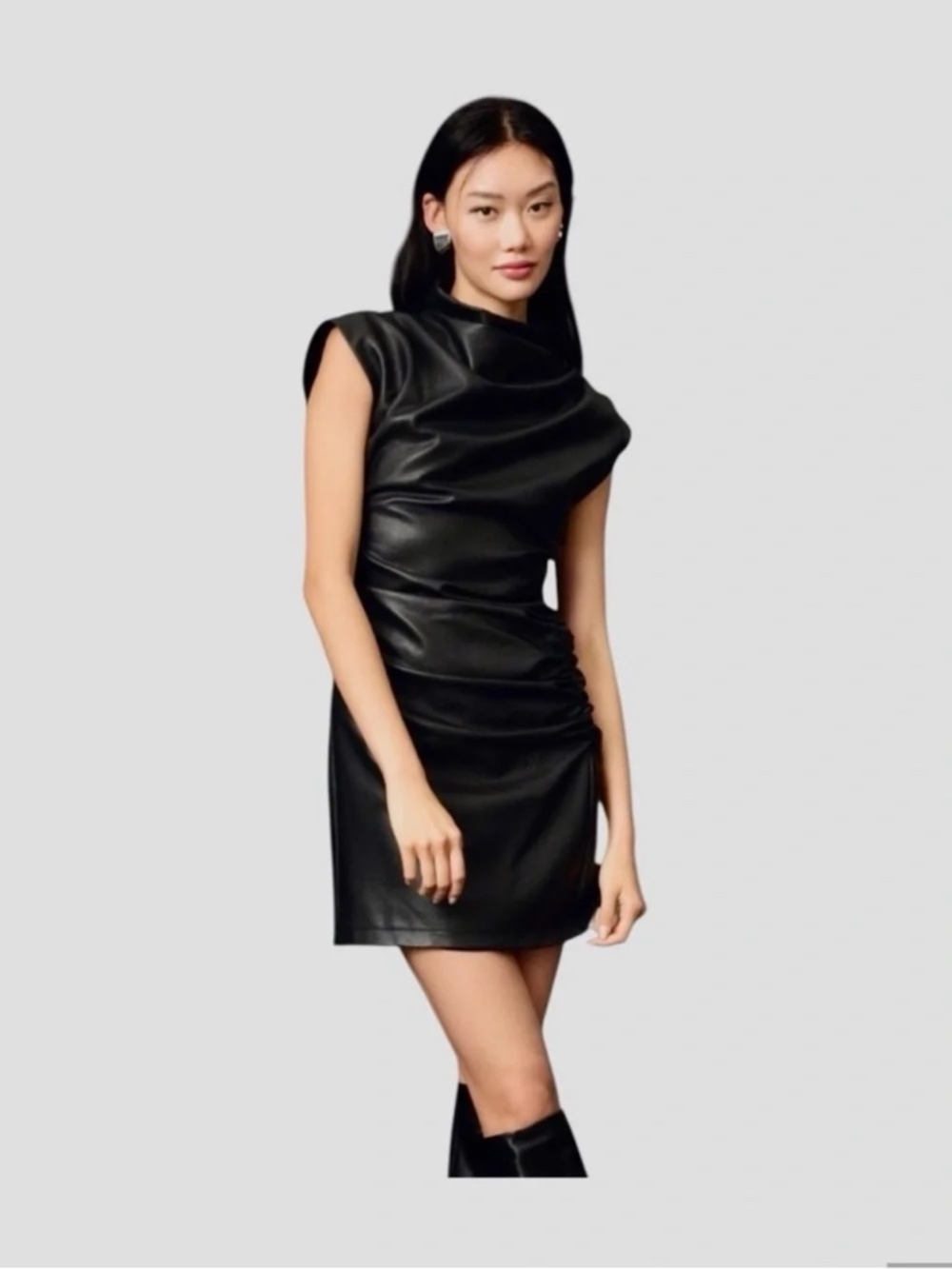 Anthropologie Black Faux Leather Draped Mini Dress - Picture 1 of 4
